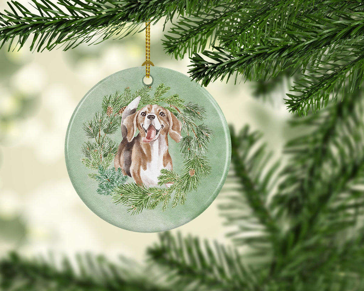 Smiling Beagle Christmas Wreath Ceramic Ornament