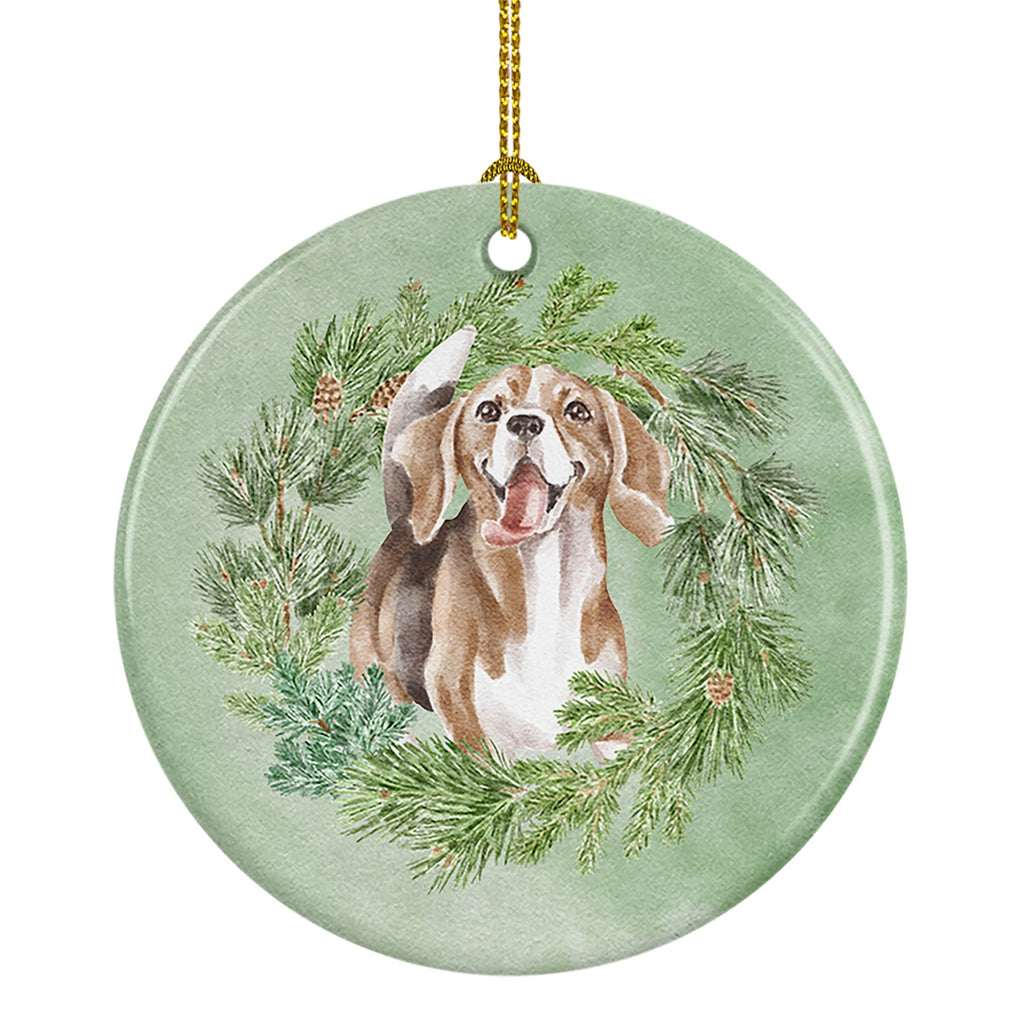 Smiling Beagle Christmas Wreath Ceramic Ornament