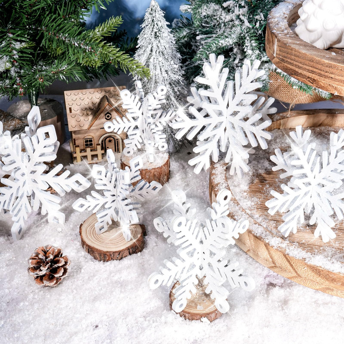 Glitter Wooden Snowflake Ornaments - Set of 6