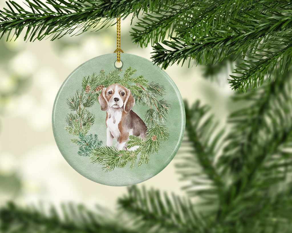 Beagle Christmas Wreath Ceramic Ornament
