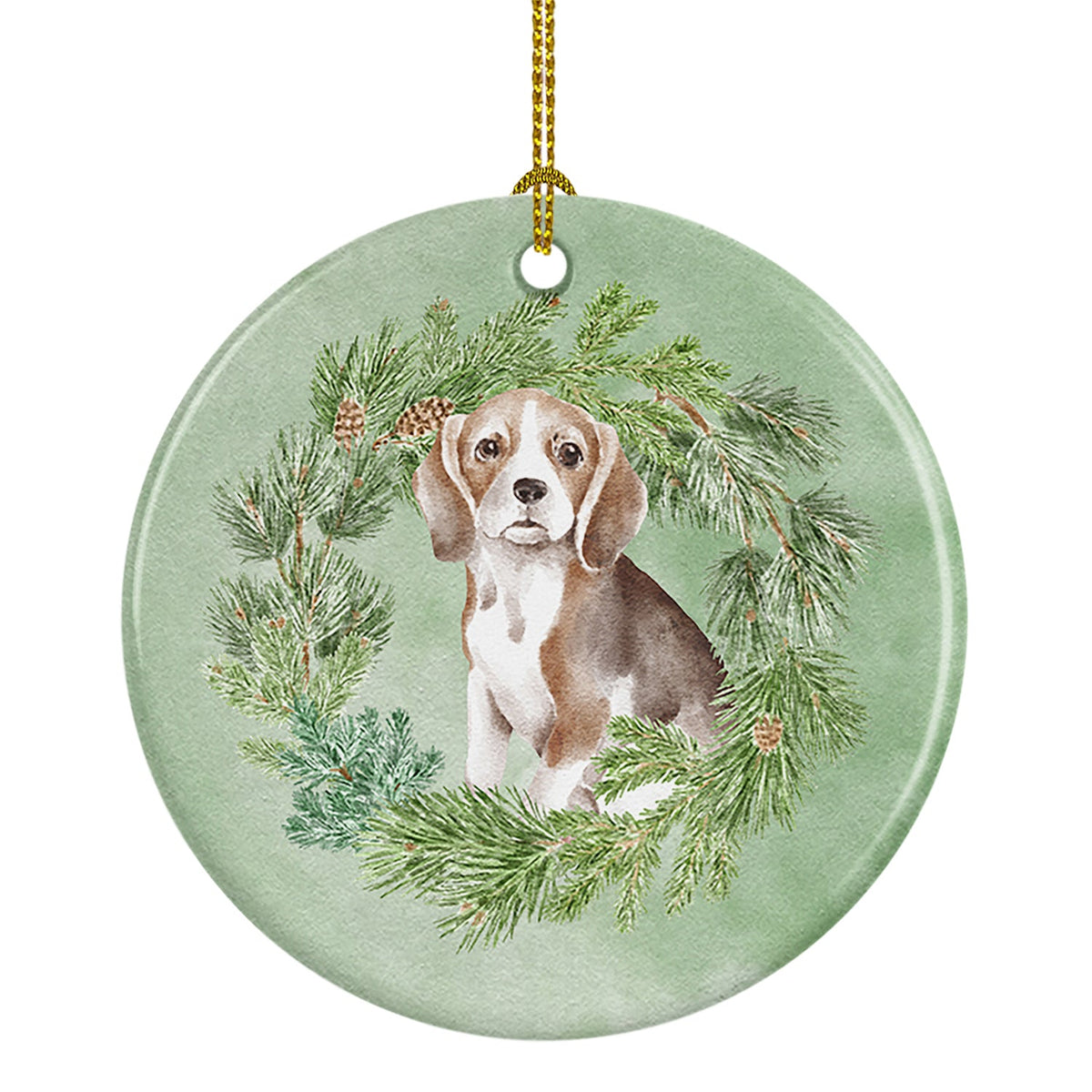 Beagle Christmas Wreath Ceramic Ornament